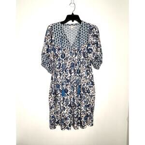 Knox Rose Womens Sz M Blue Floral Boho MuMu Dress Tasseled Short Sleeve Pockets